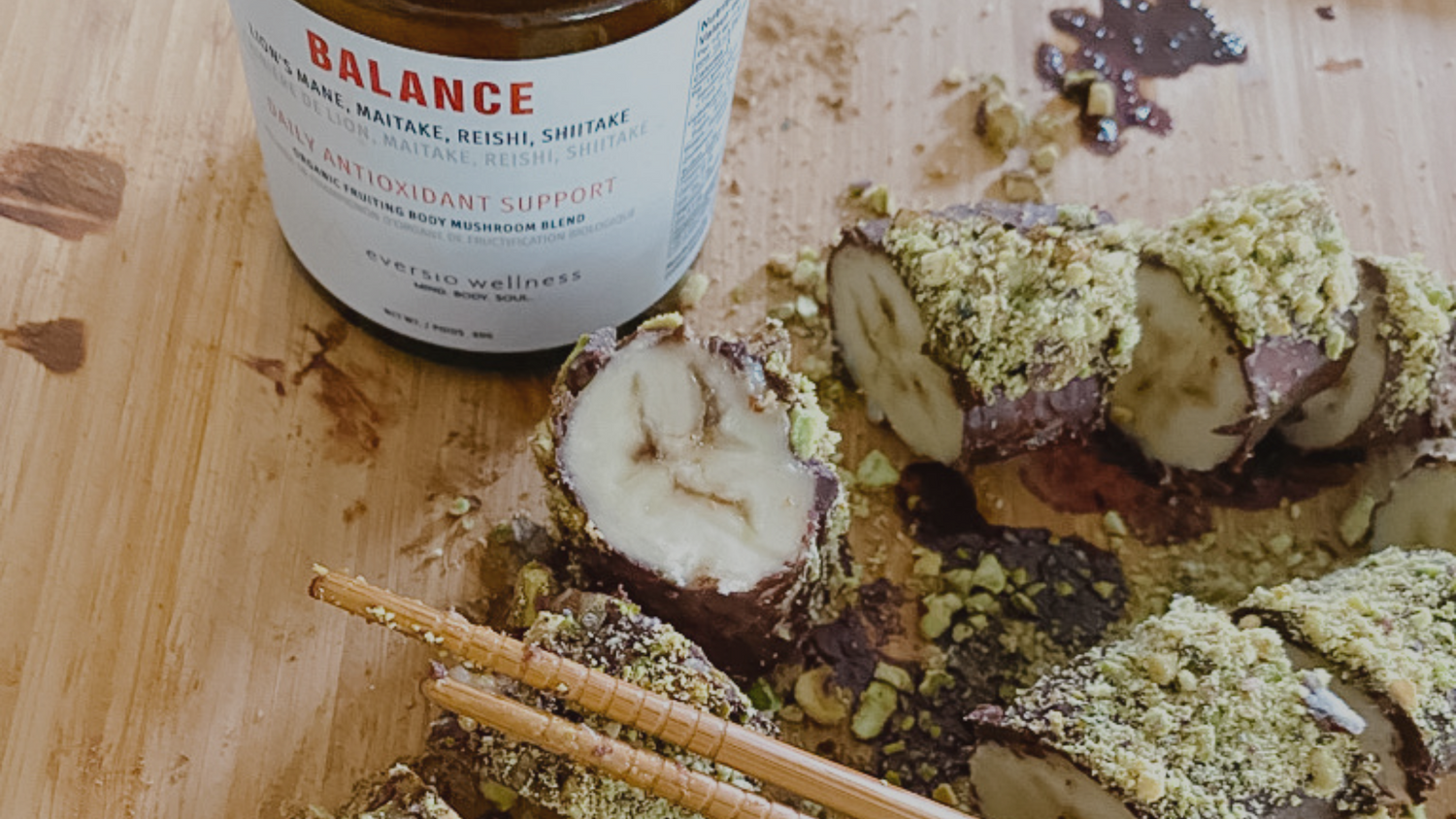 Chocolate Banana Sushi Made with BALANCE 4 Mushroom Blend